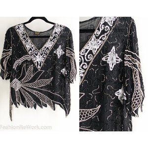 Vintage 70s Black Regal Star Bohemian Silk Sequin Blouse Tassel Pearls and Chain